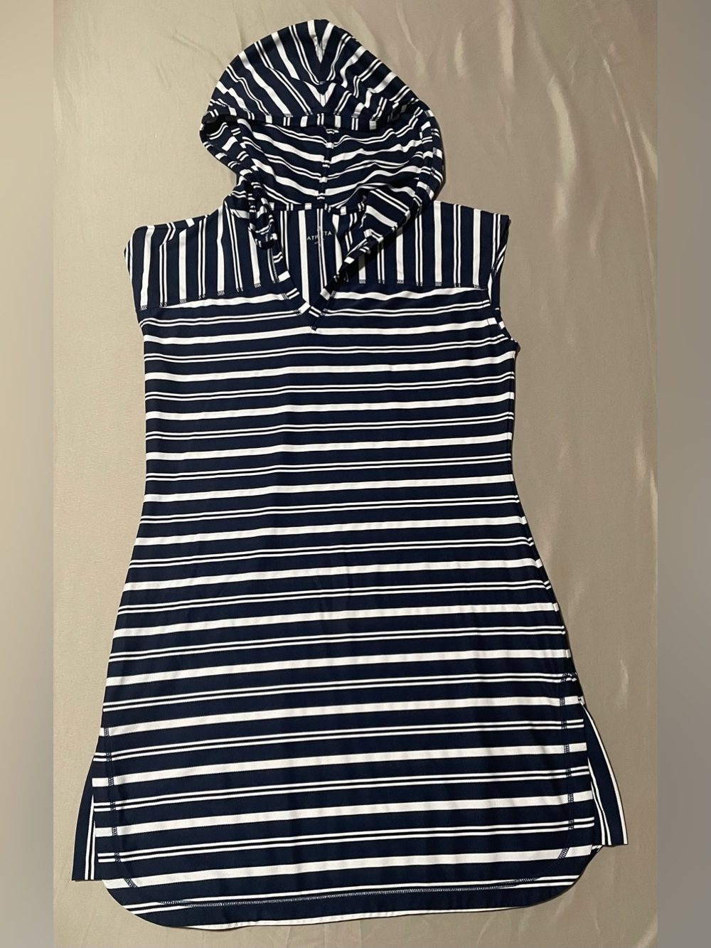 Athleta Navy and White Striped Hooded Sleeveless Dress